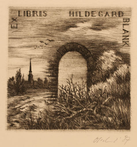 Exlibris by Detlef Olschewski from Germany for Hildegard Blank - Architecture Bird Church Scenery/Landscape 