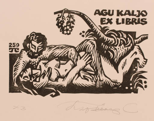 Exlibris by Sergey Parfionov from Russia for Agu Kaljo - Flower Erotica Mythology Couple 