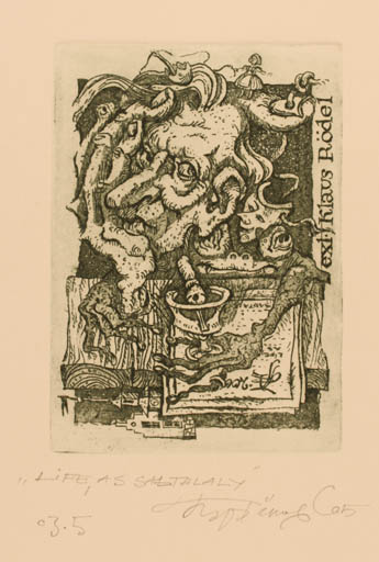 Exlibris by Sergey Parfionov from Russia for Klaus Rödel - Book Hand(s) Woman Man Portrait Theater/Cirkus 