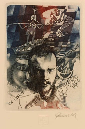 Exlibris by Hedvig Pauwels from Belgium for Dr. Arnold Hausweiler - Art Music Portrait Ship/Boat 