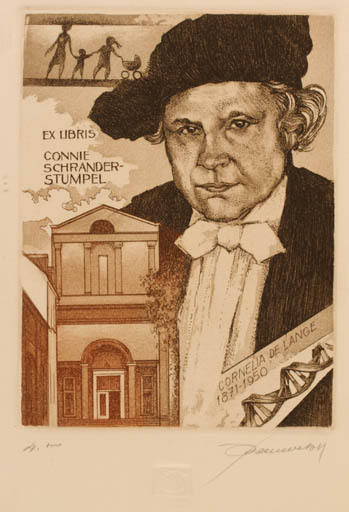 Exlibris by Hedvig Pauwels from Belgium for Connie Schrander-Stumpel - Architecture Man Portrait 