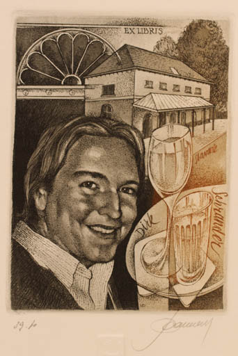 Exlibris by Hedvig Pauwels from Belgium for Dirk Schrander - Architecture Man Portrait Wine 