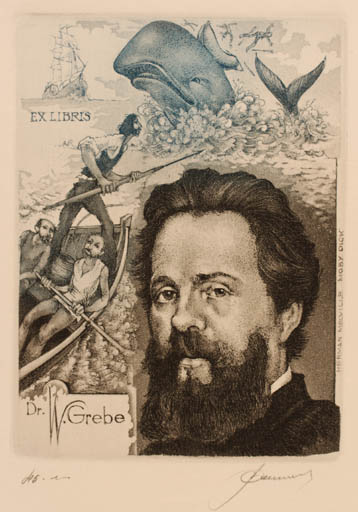 Exlibris by Hedvig Pauwels from Belgium for Dr. Phil Werner Grebe - Fauna Man Maritime Portrait 