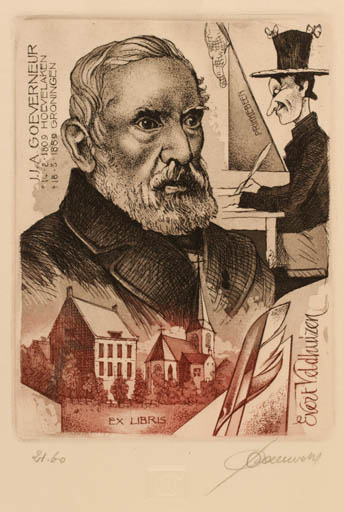 Exlibris by Hedvig Pauwels from Belgium for Evert Veldhuizen - Architecture Church Literature Man Portrait 