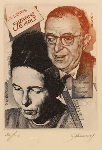 Exlibris by Hedvig Pauwels from Belgium for Susanna E. Kalt - Historical Person Literature Couple Portrait 