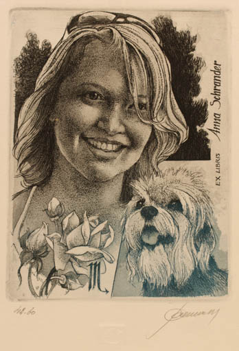 Exlibris by Hedvig Pauwels from Belgium for Anna Schrander - Dog Woman Portrait 