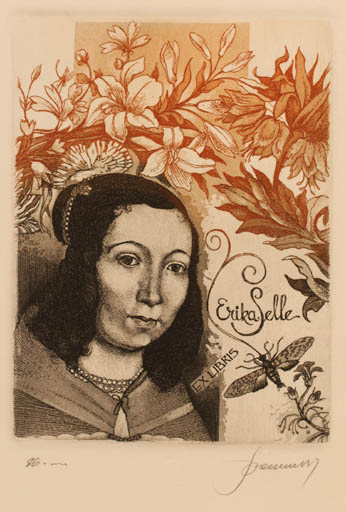 Exlibris by Hedvig Pauwels from Belgium for Erika Selle - Flower Insect Woman Portrait 