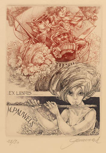 Exlibris by Hedvig Pauwels from Belgium for M. Pauwels - Woman Maritime Music Ship/Boat 