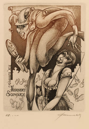 Exlibris by Hedvig Pauwels from Belgium for Herbert Schwarz - Woman Theater/Cirkus 