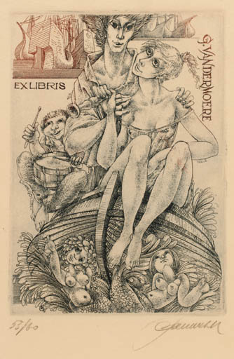 Exlibris by Hedvig Pauwels from Belgium for Gilbert Vandermoere - Music Couple Ship/Boat 