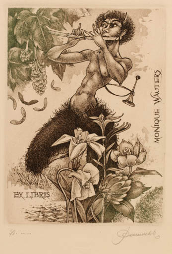 Exlibris by Hedvig Pauwels from Belgium for Monique Wauters - Flower Fable Animal Music Pan/Faun 