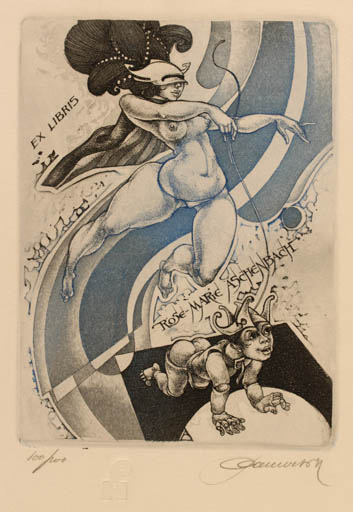 Exlibris by Hedvig Pauwels from Belgium for Rosemarie Aschenbach - Woman Nude Theater/Cirkus 