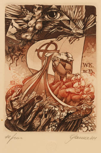 Exlibris by Hedvig Pauwels from Belgium for W.K. De Bruijn - Fable Animal Group Religion Ship/Boat 