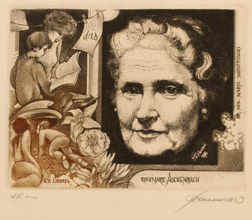 Exlibris by Hedvig Pauwels from Belgium for Rosemarie Aschenbach - Child Book Woman Portrait 