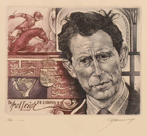 Exlibris by Hedvig Pauwels from Belgium for Dr. Axel Leier - Portrait Regent/royalty Horseman/Rider 