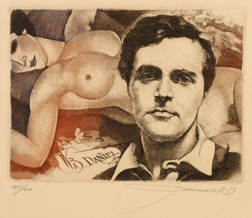 Exlibris by Hedvig Pauwels from Belgium for Dr. Barbara und Werner Daniel - Woman Man Nude Portrait 