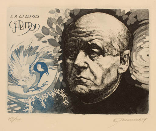 Exlibris by Hedvig Pauwels from Belgium for Georges Dumon - Bird Man Portrait 