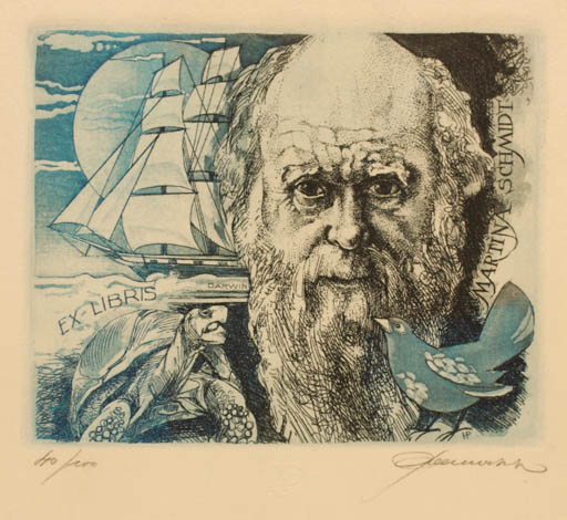 Exlibris by Hedvig Pauwels from Belgium for Martin Schmidt - Fauna Bird Historical Person Man Portrait Ship/Boat 