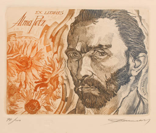 Exlibris by Hedvig Pauwels from Belgium for Alma Petz - Flower Historical Person Art Portrait 