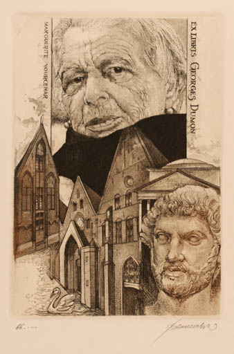 Exlibris by Hedvig Pauwels from Belgium for Georges Dumon - Classical antiquity Architecture Portrait 