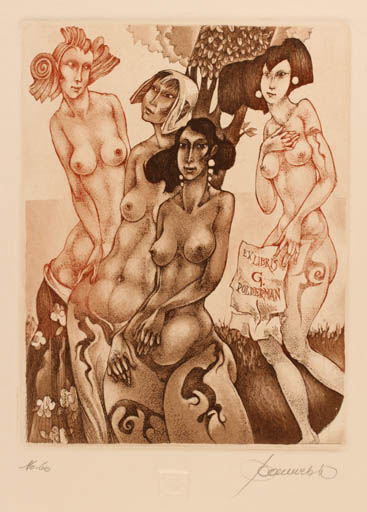 Exlibris by Hedvig Pauwels from Belgium for Gerard Polderman - Group Woman Nude 