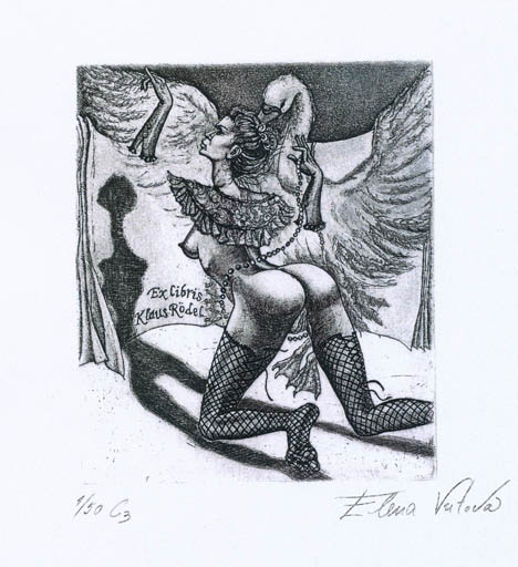 Exlibris by Elena Vutova from Bulgaria for Klaus Rödel - Erotica Leda and the Swan Mythology 