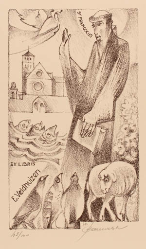 Exlibris by Hedvig Pauwels from Belgium for Evert Veldhuizen - Book Fauna Fish Bird Church Religion 