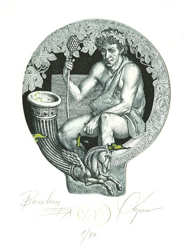 Exlibris by Hristo Kerin from Bulgaria for Klaus Rödel - Classical antiquity Pegasus Wine 