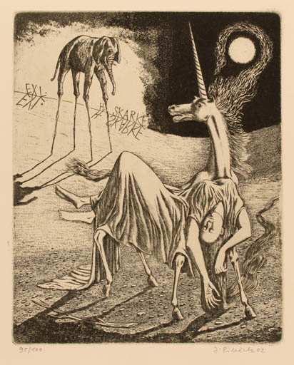 Exlibris by Jindrich Pilecek from Czech Republic for Heidi & Horst Sparke - Unicorn Fauna Surrealism 