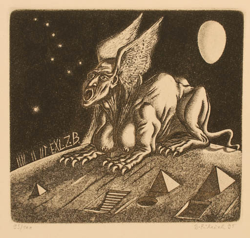 Exlibris by Jindrich Pilecek from Czech Republic for B. Z. - Fable Animal Cosmos Surrealism 