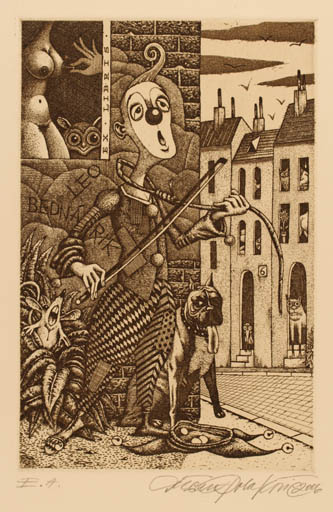 Exlibris by Dusan Polacovic from Slovak Republic for Leo Bednarik - City Dog Man Music Surrealism Theater/Cirkus 