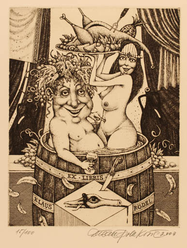 Exlibris by Dusan Polacovic from Slovak Republic for Klaus Rödel - Woman Leda and the Swan Food Man Mythology Nude Wine 