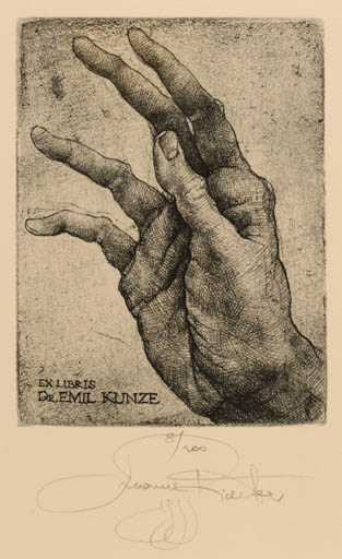 Exlibris by Marina Richter from Czech Republic for Dr. Emil Kunze - Hand(s) 