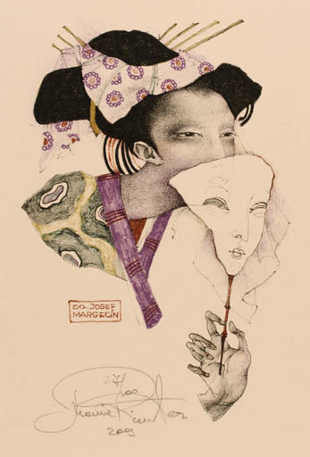 Exlibris by Marina Richter from Czech Republic for Josef Margecin - Woman Oriental Portrait Theater/Cirkus 