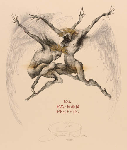 Exlibris by Marina Richter from Czech Republic for Eva - Maria Pfeiffer - Dancing Angel Nude Couple 