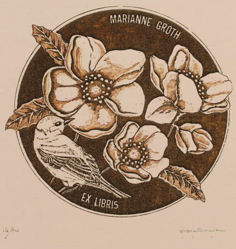 Exlibris by Paolo Rovegno from Italy for Marianne Groth - Flower Bird 