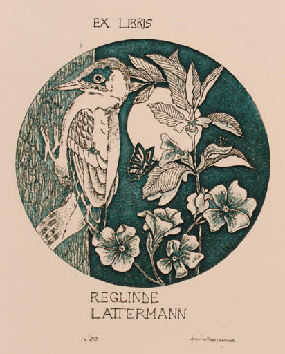 Exlibris by Paolo Rovegno from Italy for Reglinde Lattermann - Flower Bird 