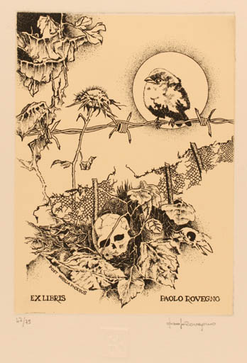 Exlibris by Paolo Rovegno from Italy for Paolo Rovegno - Death Flora Bird 