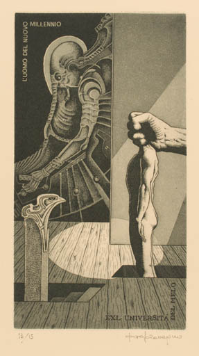 Exlibris by Paolo Rovegno from Italy for Del Melo Luomo Del Nuovo Millenno Universita - Surrealism 