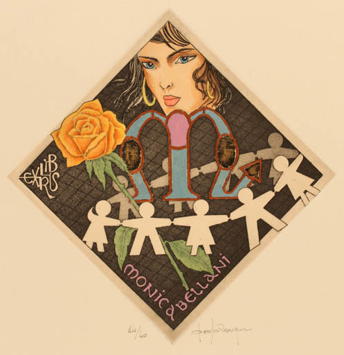 Exlibris by Paolo Rovegno from Italy for Monica Bellani - Flower Woman Portrait 