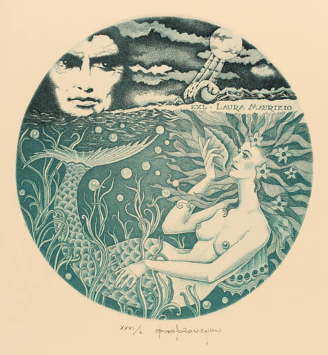 Exlibris by Paolo Rovegno from Italy for Laura Maurizio - Mermaid Maritime Mythology 