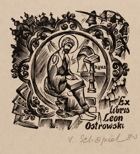 Exlibris by Victor Schapiel from Austria for Leon Ostrowski - Book Man Religion 