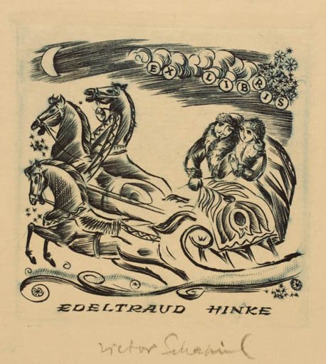 Exlibris by Victor Schapiel from Austria for Edeltraud Hinke - Horse Couple 