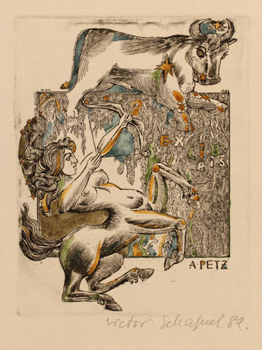 Exlibris by Victor Schapiel from Austria for Alma Petz - Europa and the Bull Fable Animal 