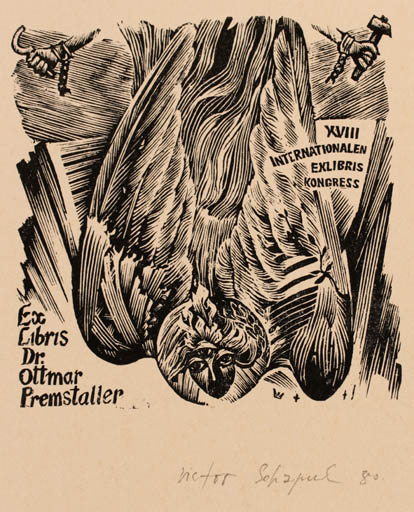 Exlibris by Victor Schapiel from Austria for Ottmar Premstaller - Exlibris Congress Bird Phoenix 