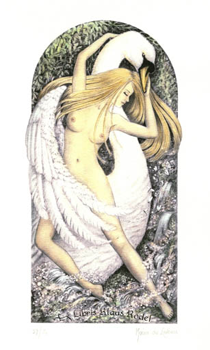 Exlibris by Moira de Lavenue from Great Britain for Klaus Rödel - Erotica Leda and the Swan Mythology 