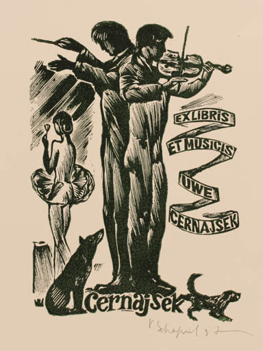 Exlibris by Victor Schapiel from Austria for Uwe Cernajsek - Dancing Dog Man Music 