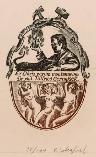 Exlibris by Victor Schapiel from Austria for Dr. Phil Tillfried Cernajsek - Group Dog Woman Man Nude 