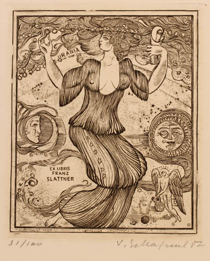 Exlibris by Victor Schapiel from Austria for Franz Slattner - Angel Cosmos Woman 