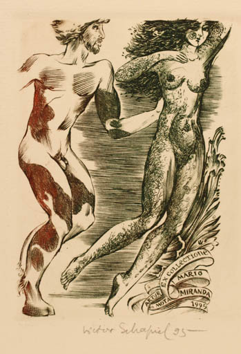 Exlibris by Victor Schapiel from Austria for Artur Mario Da Mota Miranda - Nude Couple 